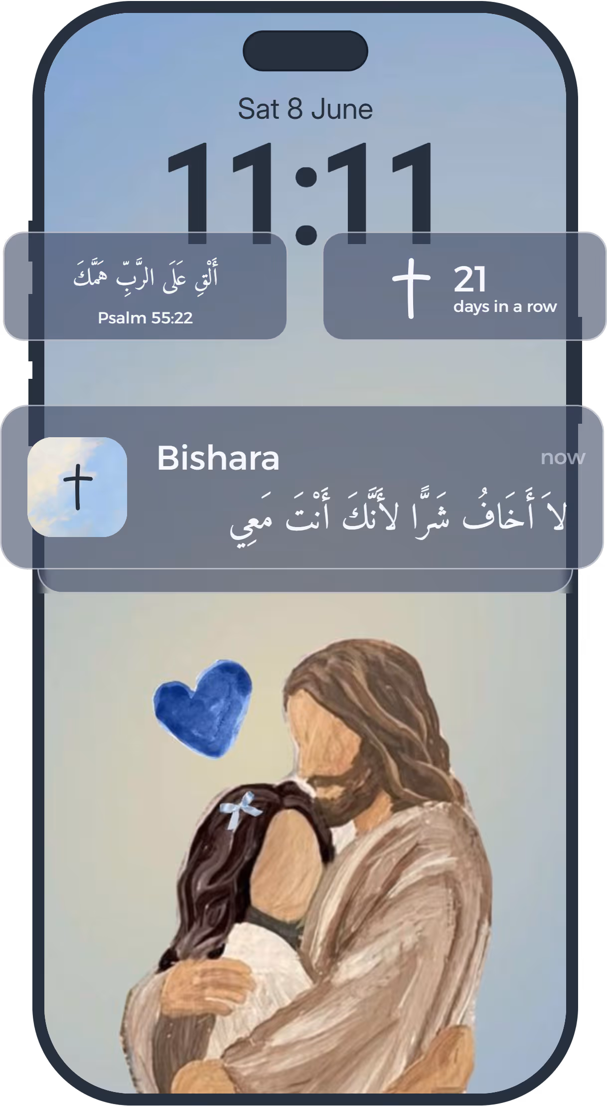 Two Bishara widgets under the clock on an iPhone Lock Screen, with a reminder arriving above them